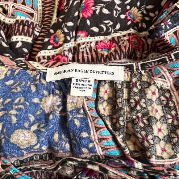 American Eagle Patchwork Patterned Lace Up Neckline Top - Picture 8 of 9